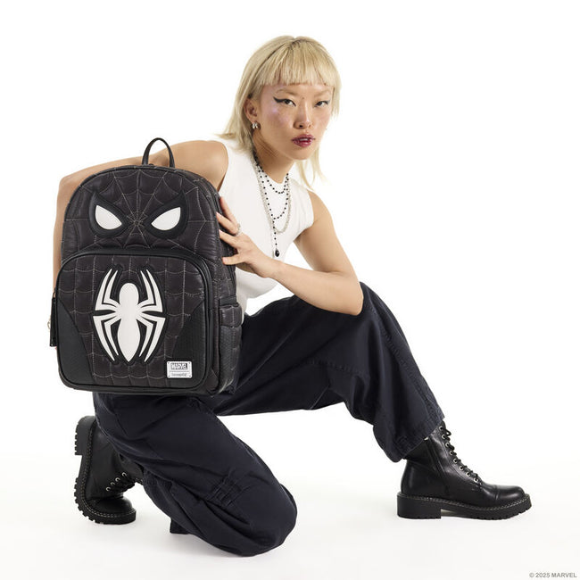Spider-Man Black & White Suit Cosplay Quilted Full-Size Backpack - LOUNGEFLY